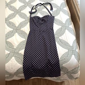 Purple halter dress with white polka dots